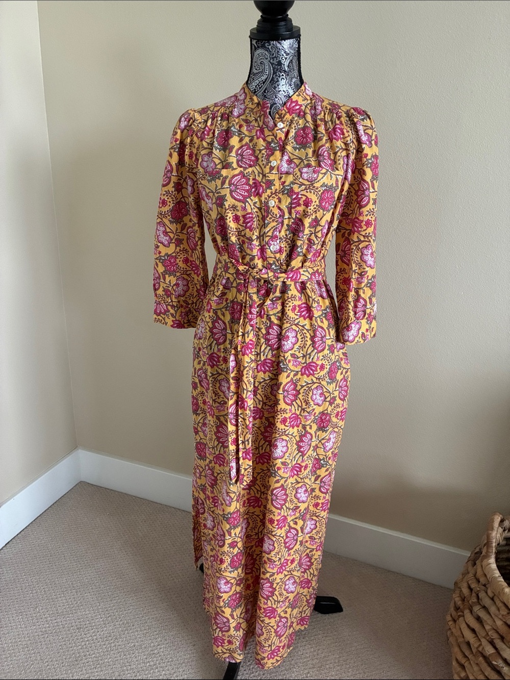 NWOT! dRA Yellow Cotton Floral Button-Front Maxi Dress with Tie Waist Size Med